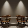 Rectangular Dining Table Set with Wooden Chairs Yellow Cushions and Lighting in Modern Room