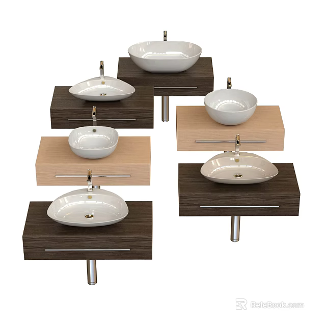 Modern Wall Mounted Washbasins With Wooden Countertops And Drawer Designs 3d model 
