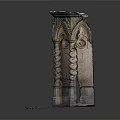 Ancient Gothic Stone Structure With Arched Door Spiral Columns Carvings And Mossy Base