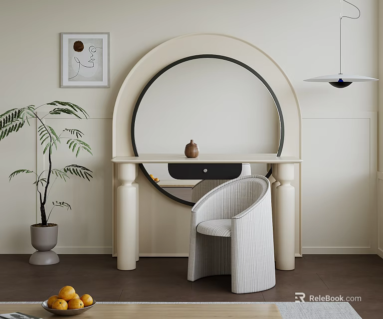 Modern Beige Dressing Table With Round Mirror Wicker Chair And Potted Plant 3d model 