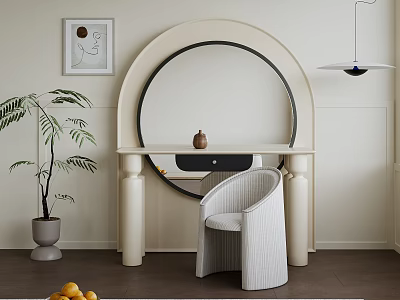 Modern Beige Dressing Table With Round Mirror Wicker Chair And Potted Plant 3d model