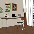 Stylish Home Office Desk with Laptop Headphones Books Chair Shelf Plants Floor Lamp and Painting