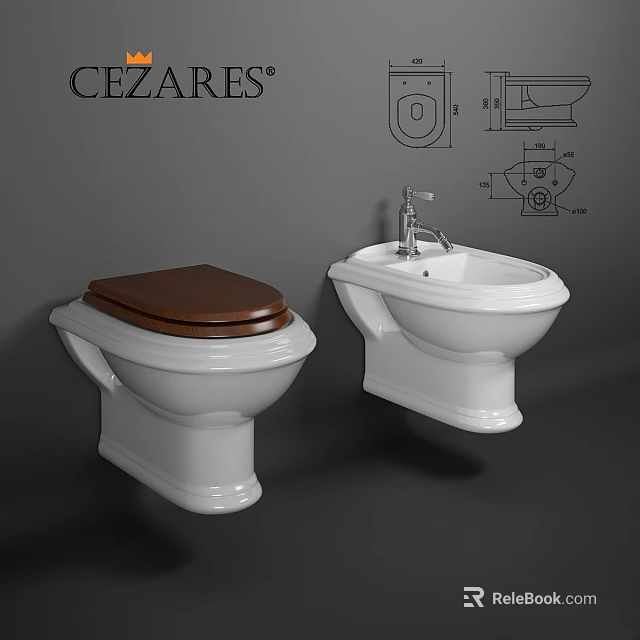 White Toilet With Brown Lid And Bidet In Bathroom Design Sketches 3d model 