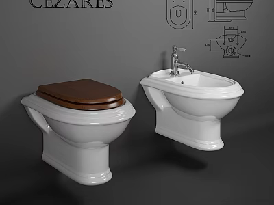 White Toilet With Brown Lid And Bidet In Bathroom Design Sketches 3d model