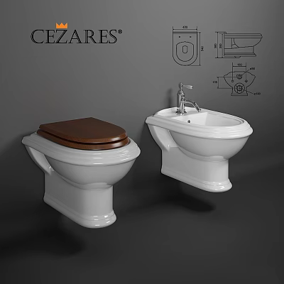 White Toilet With Brown Lid And Bidet In Bathroom Design Sketches 3d model