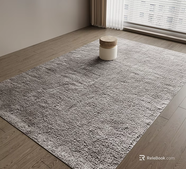 Stylish Rug in Modern Living Room on Wooden Floor with White Cylindrical Stool and Wooden Lid Design 3d model 