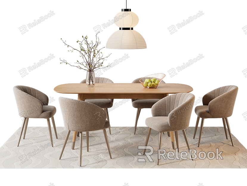 Simple Dining Table and Chair Nordic Solid Wood Dining Table Dining Table Potted Fruit Carpet Chandelier model