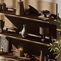 Stylish Decorative Ornament Collection On Wooden Shelves With Vase Candle Holder And Green Plant