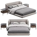 Modern Minimalist Double Bed With Upholstered Headboard Gray Beige Mattress And Wooden Nightstands Black Tops