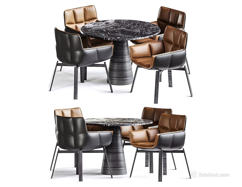 Modern Dining Table Set With Round Marble Top And Leather Chairs In Brown Black 3d model 
