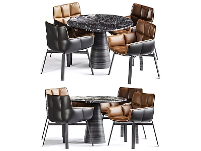 Modern Dining Table Set With Round Marble Top And Leather Chairs In Brown Black 3d model