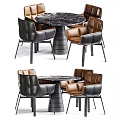 Modern Dining Table Set With Round Marble Top And Leather Chairs In Brown Black