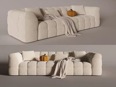 Beige Plush Sectional Sofa With Tufted Design Pumpkin Decor And Throw Blanket 3d model