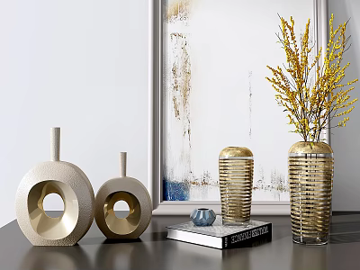 Elegant Modern Golden Geometric Vase With Flowers On Tabletop Art Painting Background 3d model