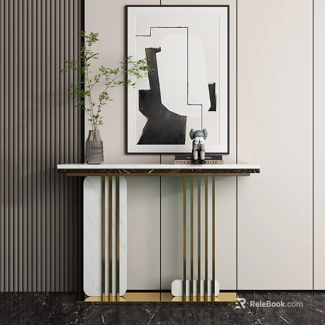 Modern Console Table with Marble Top Abstract Art and Green Plant Decor 3d model 