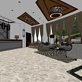 Elegant Front Desk Reception Interior With Wooden Panel Wall Decorative Vases And Marble Flooring