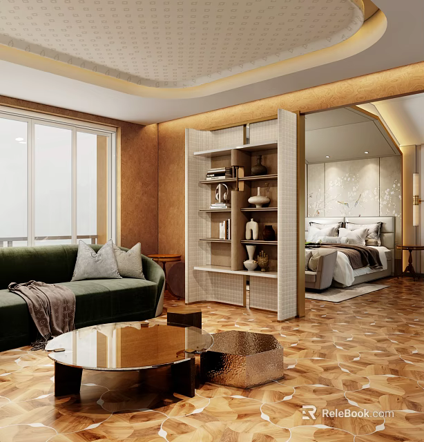 Duplex Living Room Interior With Green Sofa Round Coffee Table Shelf Divider And Wooden Flooring 3d model 