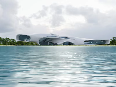 Modern Museum Building With Unique White Streamlined Design By Waterfront With Trees 3d model