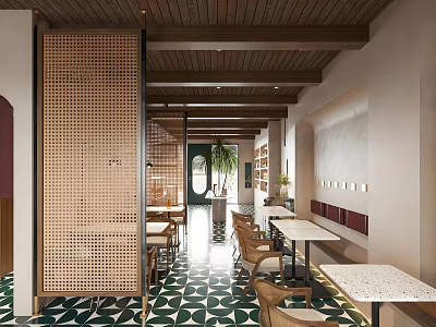 Cozy Café Interior With Wooden Ceiling Perforated Screen Geometric Floor Tiles And Green Plants 3d model