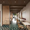 Cozy Café Interior With Wooden Ceiling Perforated Screen Geometric Floor Tiles And Green Plants