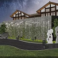 Starry Night View of Traditional Garden With Chinese Architecture Brick Walls Pathway Lawn and Lanterns