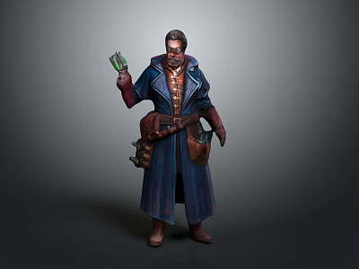 Man in Detailed Blue Long Robe with Waist Pouches Holding Green Object Against Plain Background 3d model