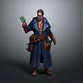 Man in Detailed Blue Long Robe with Waist Pouches Holding Green Object Against Plain Background