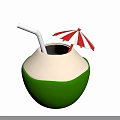 Fresh Green Coconut With White Straw And Red White Striped Umbrella On Top