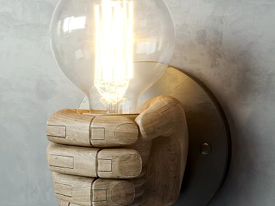 Wooden Fist Shaped Wall Lamp With Transparent Bulb And Glowing Filament On Gray Wall 3d model