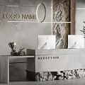 Modern Reception Area with Stone Desk Wall Two Computers Decorative Elephant Sculpture and Green Plant