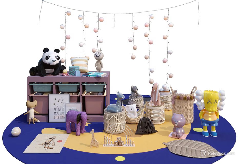 Colorful Animal Dolls with Purple Cabinet Hanging Decorative Balls and Woven Baskets on Blue Carpet 3d model 