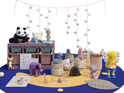 Colorful Animal Dolls with Purple Cabinet Hanging Decorative Balls and Woven Baskets on Blue Carpet 3d model