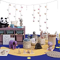 Colorful Animal Dolls with Purple Cabinet Hanging Decorative Balls and Woven Baskets on Blue Carpet