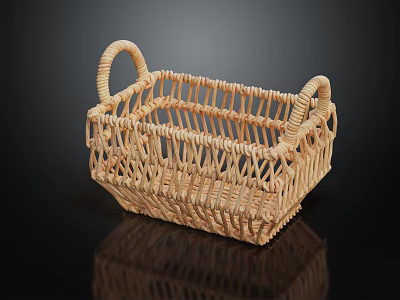 Square Light Brown Woven Storage Basket With Two Handles For Home Use 3d model