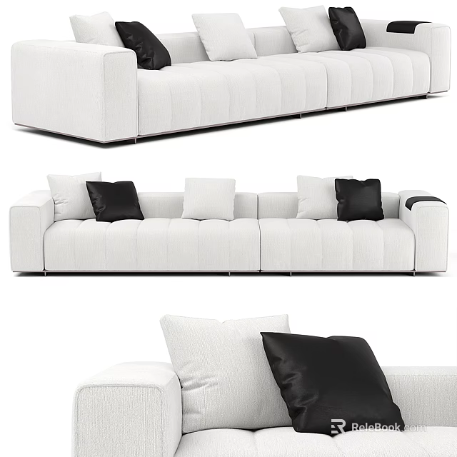 Modern White Fabric Sectional Sofa With Black Decorative Pillows And Stitched Design 3d model 