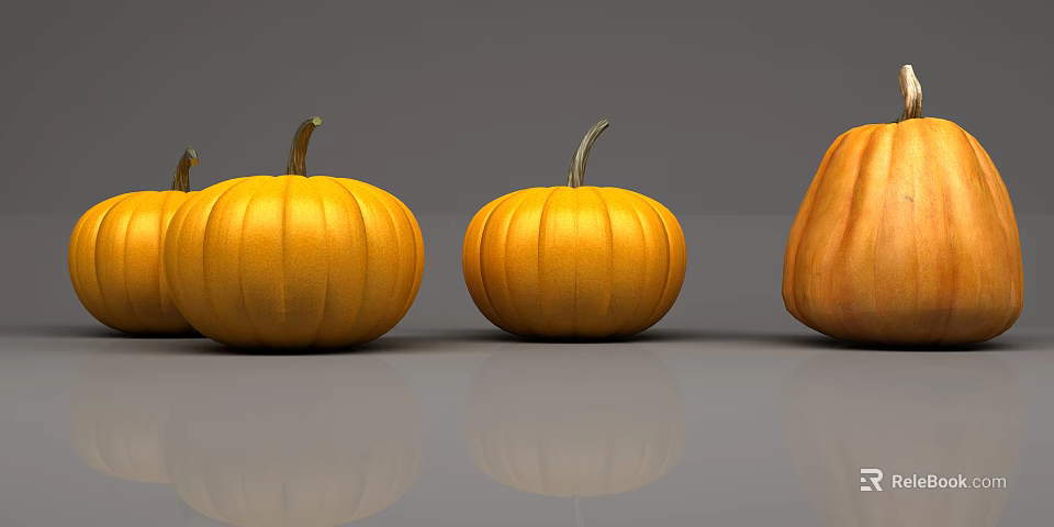 Fresh Orange Pumpkins In Different Sizes Placed On Reflective Grey Surface 3d model 
