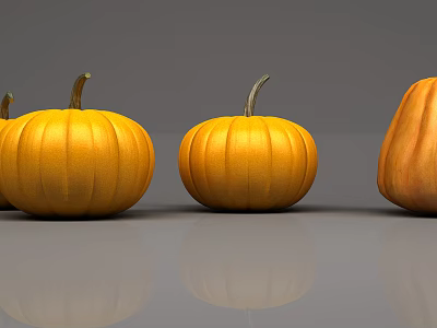 Fresh Orange Pumpkins In Different Sizes Placed On Reflective Grey Surface 3d model