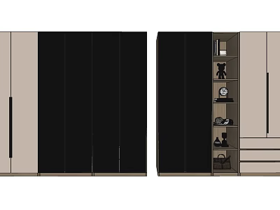 Modern Wardrobe Design With Black And Beige Doors Open Shelves And Storage Solutions 3d model