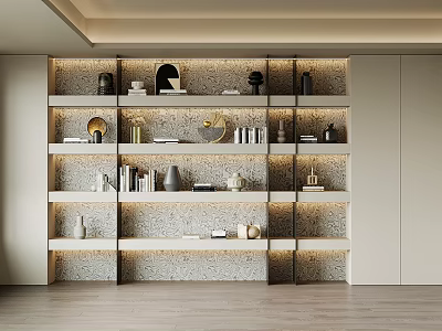 Modern Minimalist Bookshelf With Multiple Shelves Books Decorations Vases Textured Background And White Cabinets 3d model