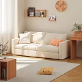 Beige Two Seater Sofa With White Cushions And Orange Pillow Near Curtains On Wooden Floor