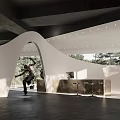 Modern Architectural Interior With Curved White Walls And Human Figure In Motion