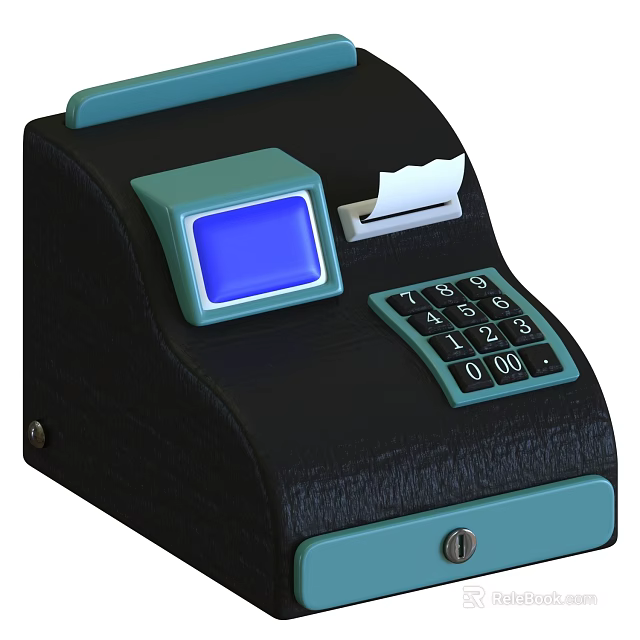 Modern Black And Teal Cash Register With Blue Screen Receipt Paper And Numeric Keypad 3d model 