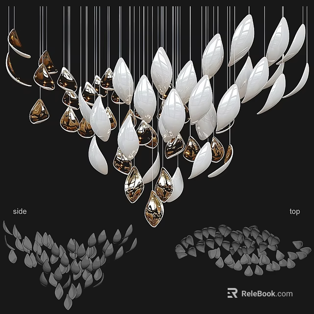 Modern Elegant Chandelier With White And Gold Leaf Shaped Pendants For Interior Decor 3d model 