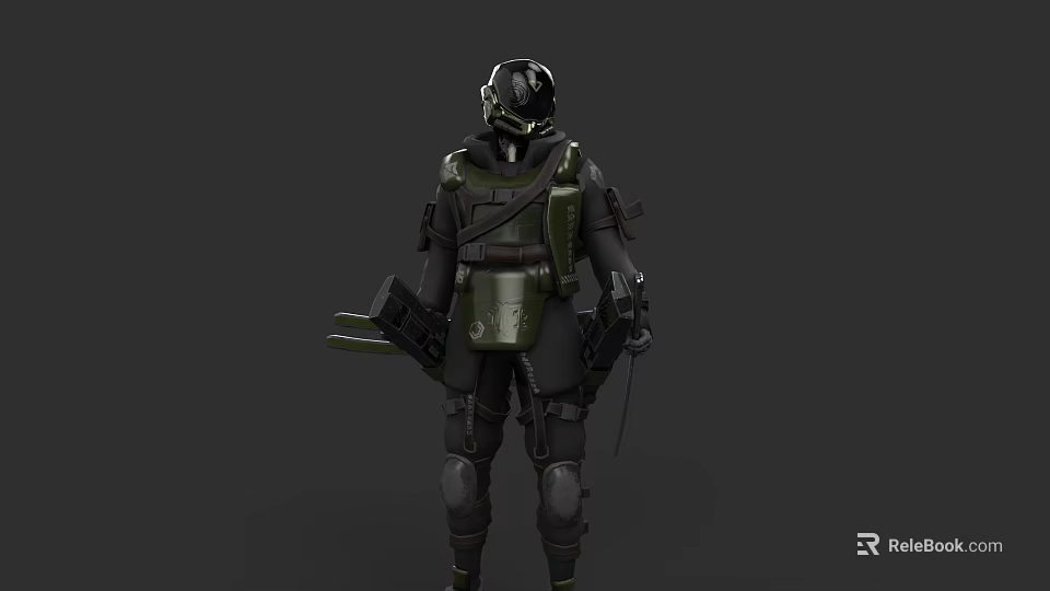 Game Movie Character In Tactical Green Black Armor With Helmet And Weapons 3d model 
