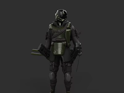 Game Movie Character In Tactical Green Black Armor With Helmet And Weapons 3d model