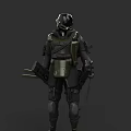 Game Movie Character In Tactical Green Black Armor With Helmet And Weapons