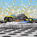 Futuristic Weapon Integrated Vehicles With Blue Jet Flames Yellow White Square Walls And Sky Background