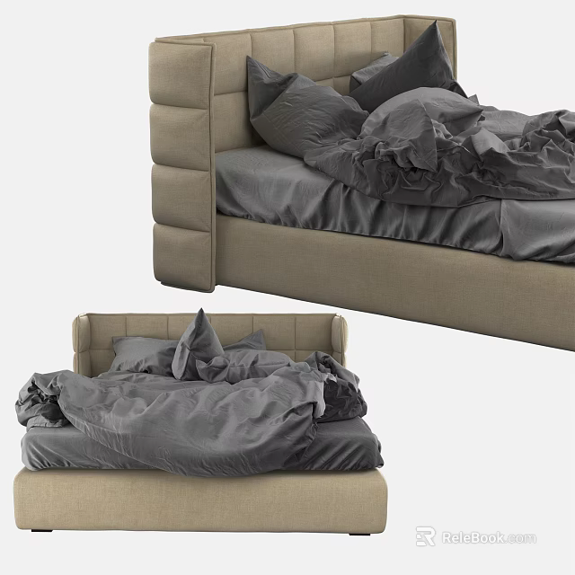 Cozy Modern Double Bed with Beige Headboard Gray Bedsheets and Pillows 3d model
