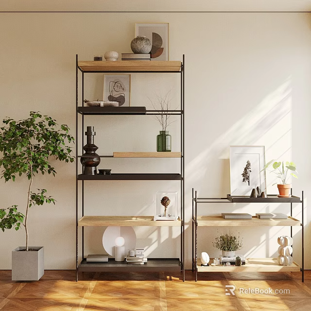 Modern Metal And Wooden Shelving Unit With Multiple Shelves Potted Plant Books Decorative Items 3d model 