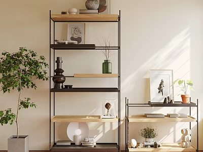 Modern Metal And Wooden Shelving Unit With Multiple Shelves Potted Plant Books Decorative Items 3d model
